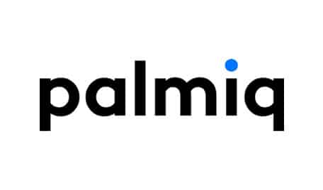 标志&amp;quot；palmiq”；品牌名称以小写黑色字母表示，字母“i”上方有一个蓝点。