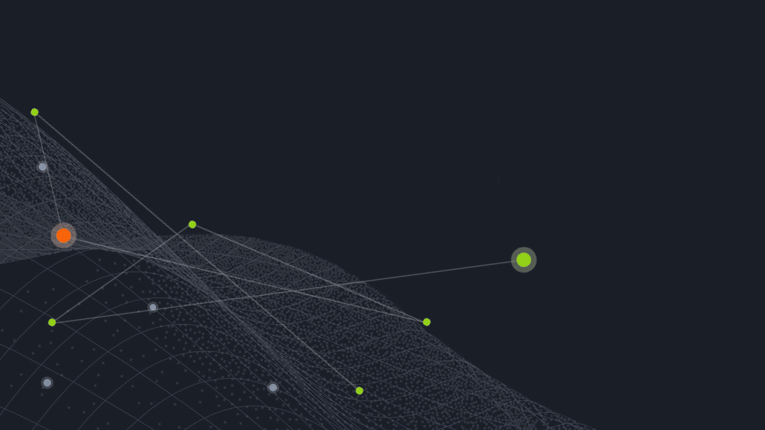 一种在深色背景上具有相互连接的线条和节点的抽象网络可视化。节点的颜色不同，一个是突出的橙色，另一个是绿色。